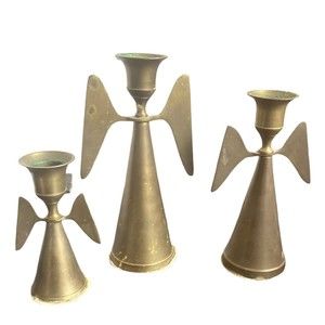 Brass Angel Candlesticks Set Of 3 From India Vintage Patina